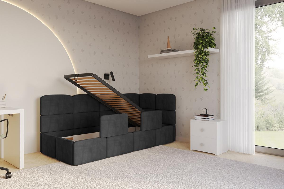 EINZELLBETT Jugendbett mit Bettkasten, Links - KIVY 90x200 Schwarz - Schwarz, Holzwerkstoff/Textil (90/200cm) - ALTDECOR
