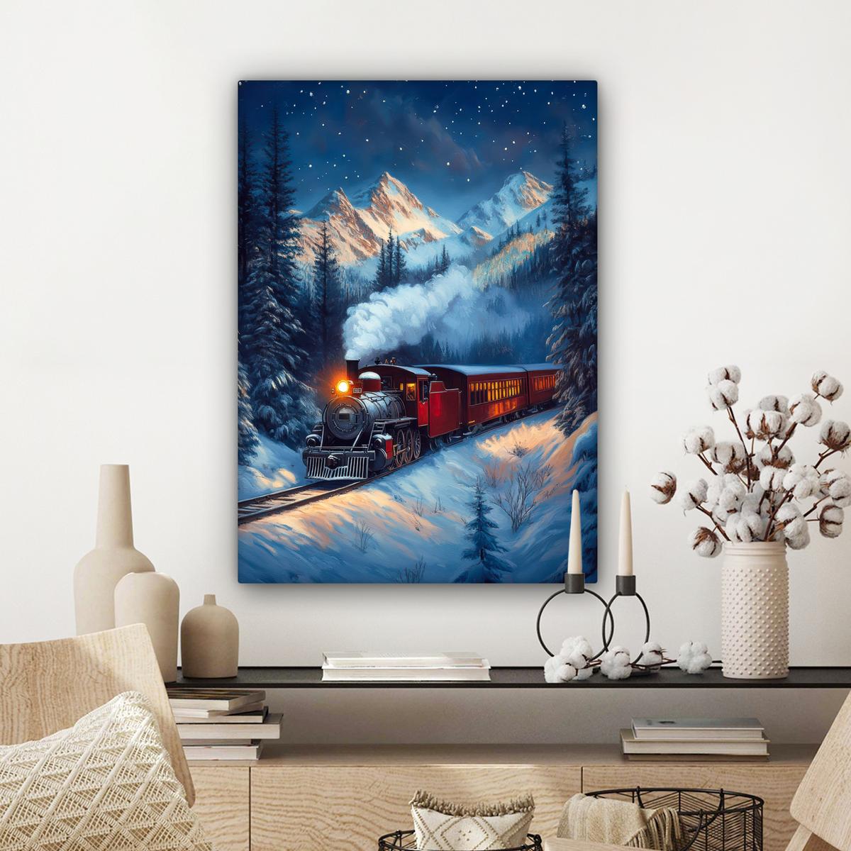 LEINWANDBILD Zug - Weihnachten - Schnee - Weihnachtszug Wandbild Wohnzimmer 60x80 cm - Anthrazit, Textil (60/80cm) - MuchoWow