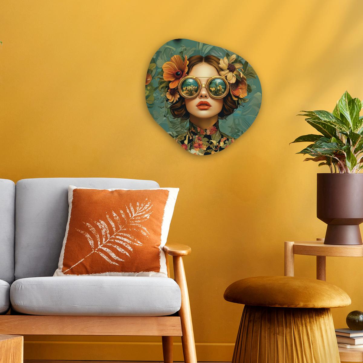 WANDBILD Frau - Blumen - Schmetterlinge - Natur - Vintage Wanddeko 40x40 cm - Petrol, Kunststoff (40/40cm) - MuchoWow