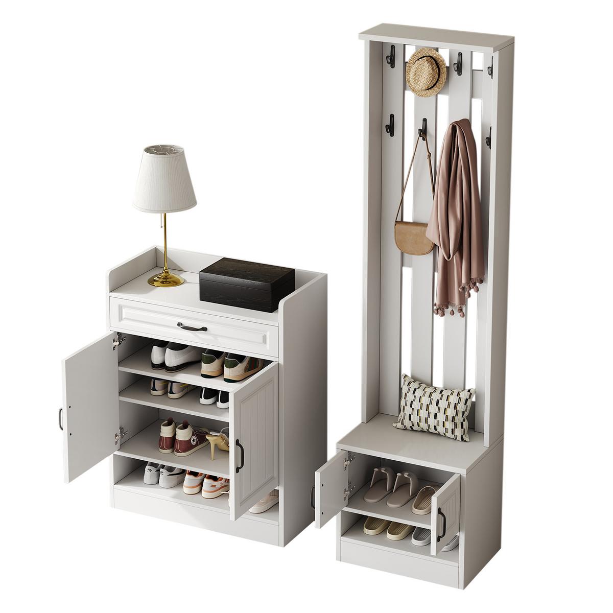 GARDEROBEN-SET in Weiß Komplett-Garderobe mit Schuhbank Schrank & Wandpaneel - Weiß, Holzwerkstoff (125/190/36cm) - Urban Meuble