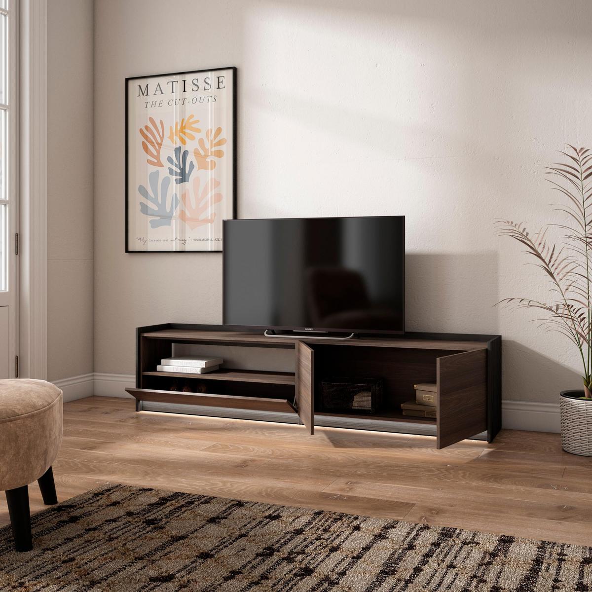LOWBOARD, Dunkler Eiche und Schwarz, 207/37/50cm, mit Led - Dunkelbraun, Holzwerkstoff (207/50/37cm) - Skraut Home