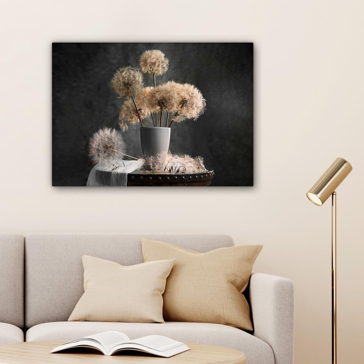 LEINWANDBILD Blumensamen - Löwenzahn - Vase - Stilleben - Blumenstrauß Wandbilder 80x60 cm - Dunkelgrau, Textil (80/60cm) - MuchoWow