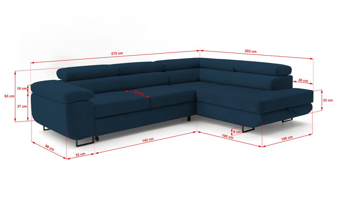 ECKSOFA Velmo mit Bettkasten und Schlaffunktion, verstellbaren Kopfstützen, in L-Form - Blau, Textil (275/203cm)