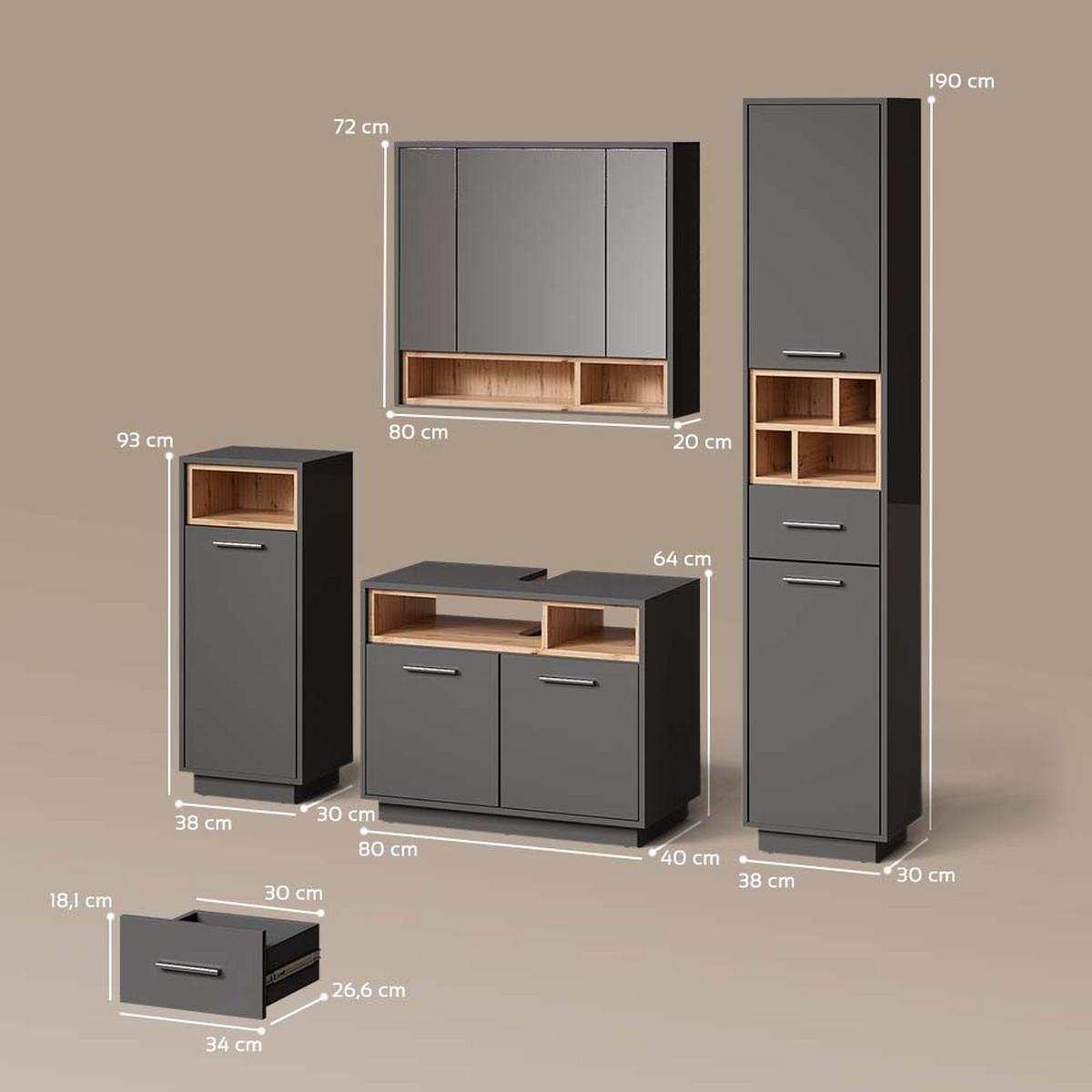BADMÖBEL-SET Temo Anthrazit 4 Teile - Anthrazit, Holzwerkstoff (80/93/40cm) - Livinity®