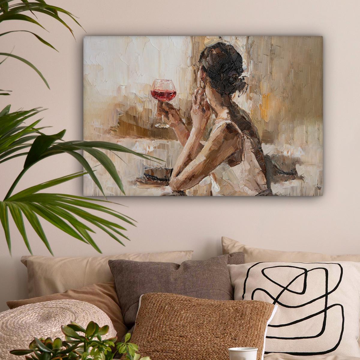 LEINWANDBILD Ölgemälde - Frau - Wein Gemälde 60x40 cm - Hellbraun, Textil (60/40cm) - MuchoWow