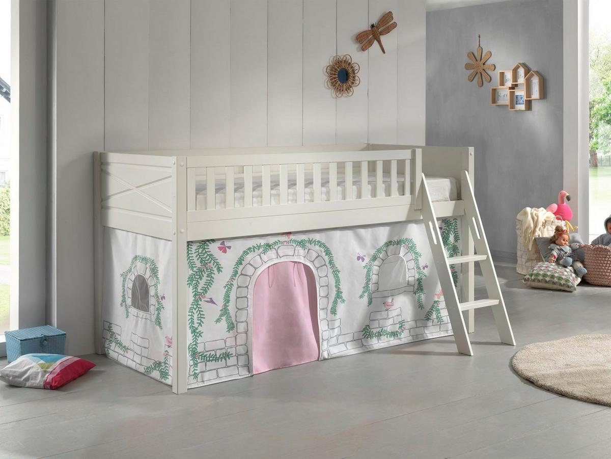 KINDERBETT Karyl 208x114x135 Massivholz Weiß Textilset Birdy 1 - Hellgrau/Weiß, Holz (90/200cm) - 58aufmkessel
