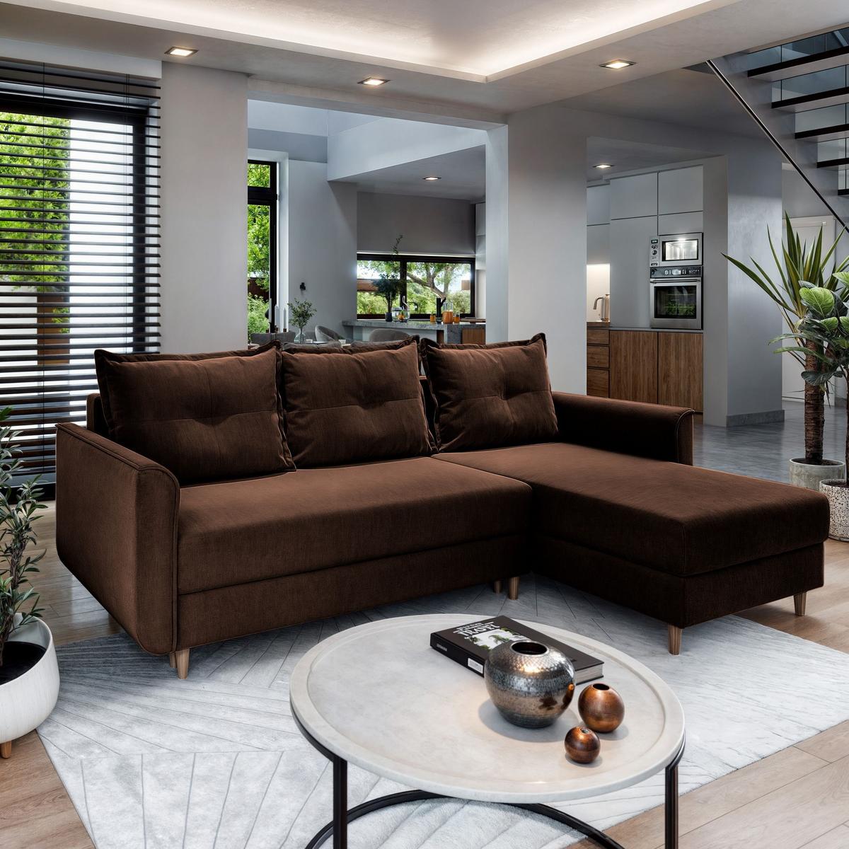 ECKSOFA PISAN R-S Braun Plüsch-Stoff mit Schlaffunktion - Braun, Holz/Textil (220/140cm) - MASSENO