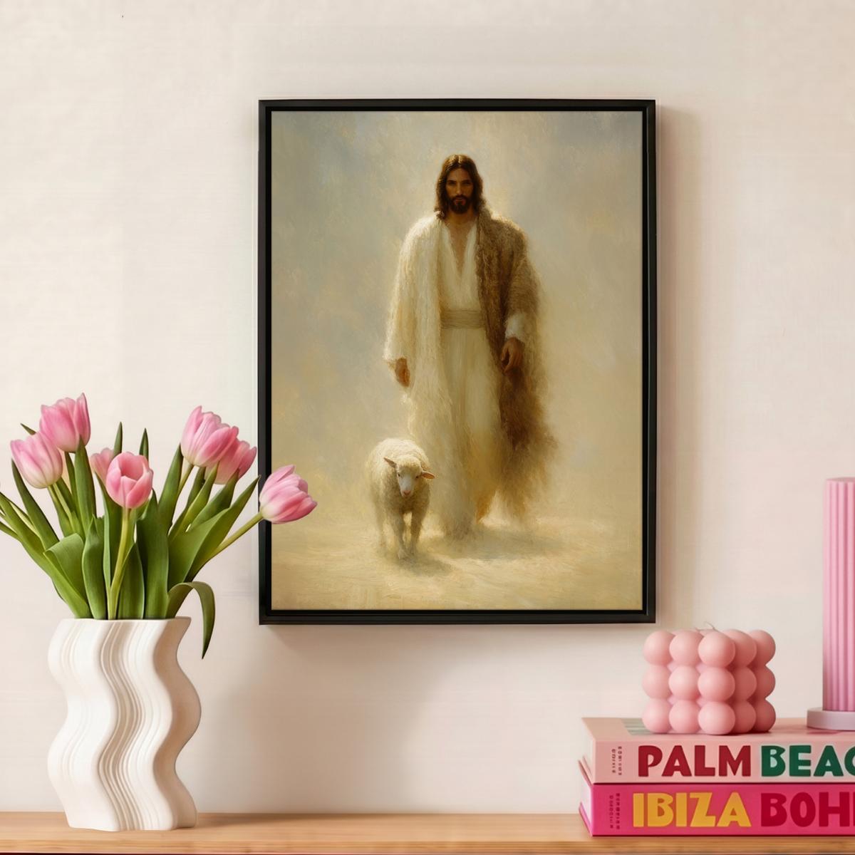 LEINWAND Bilder mit Rahmen - Schaf - Jesus - Pinselstriche - Abstrakt - 30x40 - Beige, Textil (30/40cm) - MuchoWow