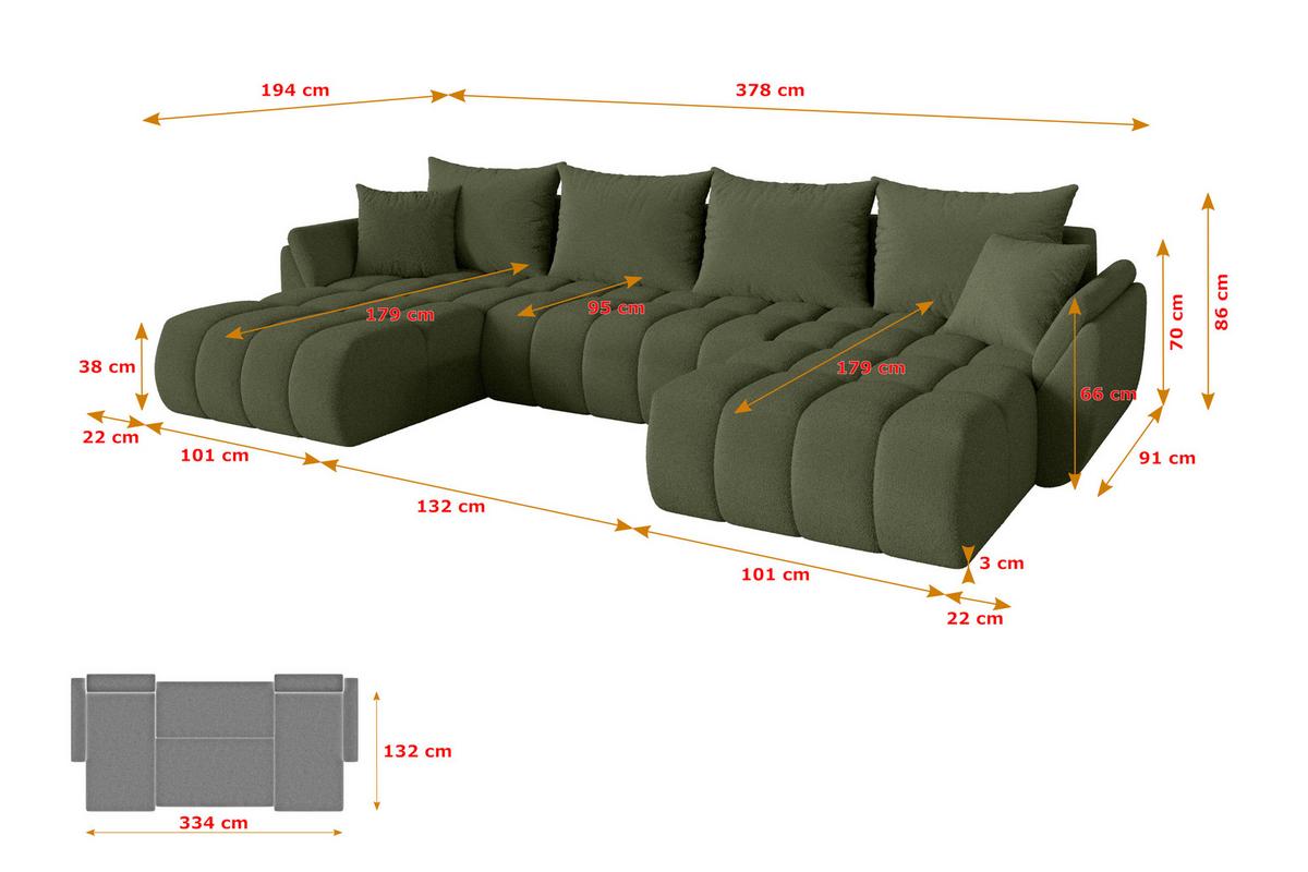 WOHNLANDSCHAFT mit Schlaffunktion und Bettkasten TOKO-U-v1 378x194x86 Grün Bouclé - Schwarz/Olivgrün, Holzwerkstoff/Kunststoff (378/86/194cm) - ALTDECOR