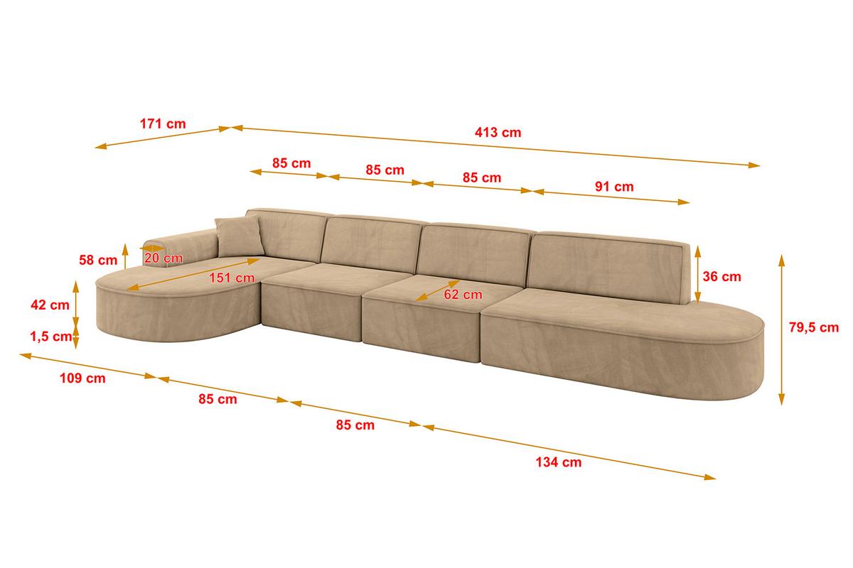 ECKSOFA Ottomane Links MARI-L3 - 413x171x79 cm Taupe Velours - Taupe/Schwarz, Holzwerkstoff/Kunststoff (413/171cm) - ALTDECOR