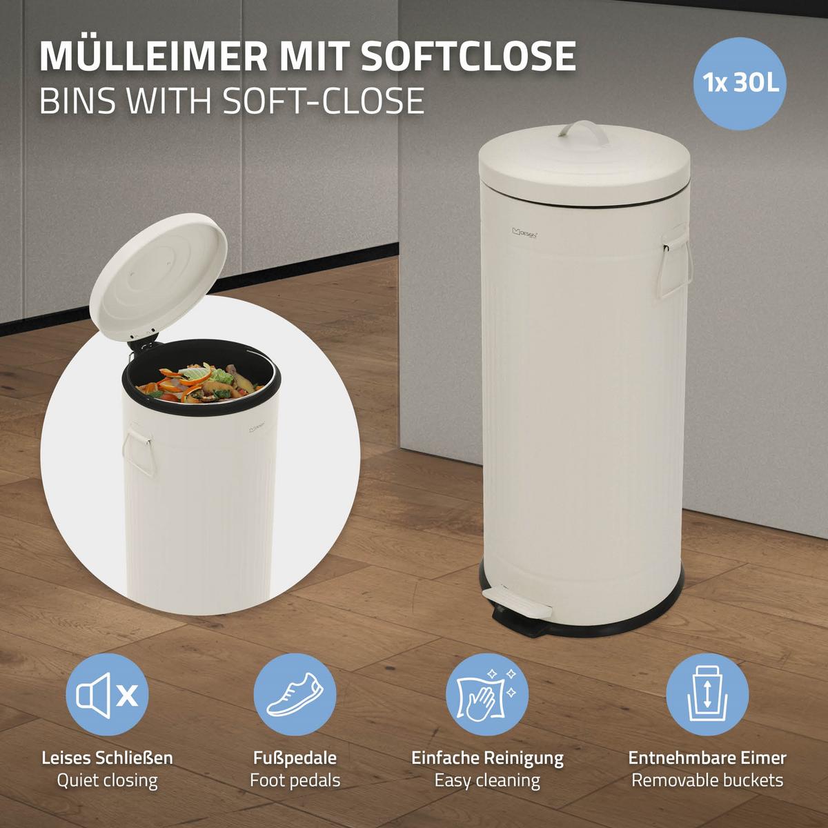 MÜLLEIMER Küche 30L Abfalleimer mit Fußpedal & Softclose-Deckel Beige aus Stahl - Beige, Metall (31/68/37cm) - ML-DESIGN