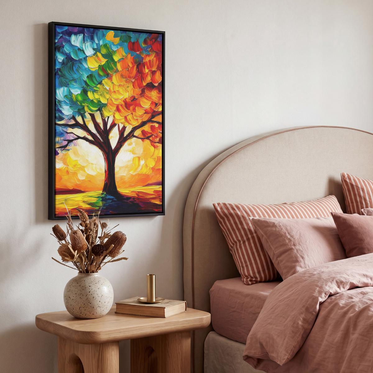 LEINWAND Bilder mit Rahmen - Baum - Kunst - Natur - Sonnenuntergang - 40x60 - Multicolor, Textil (40/60cm) - MuchoWow