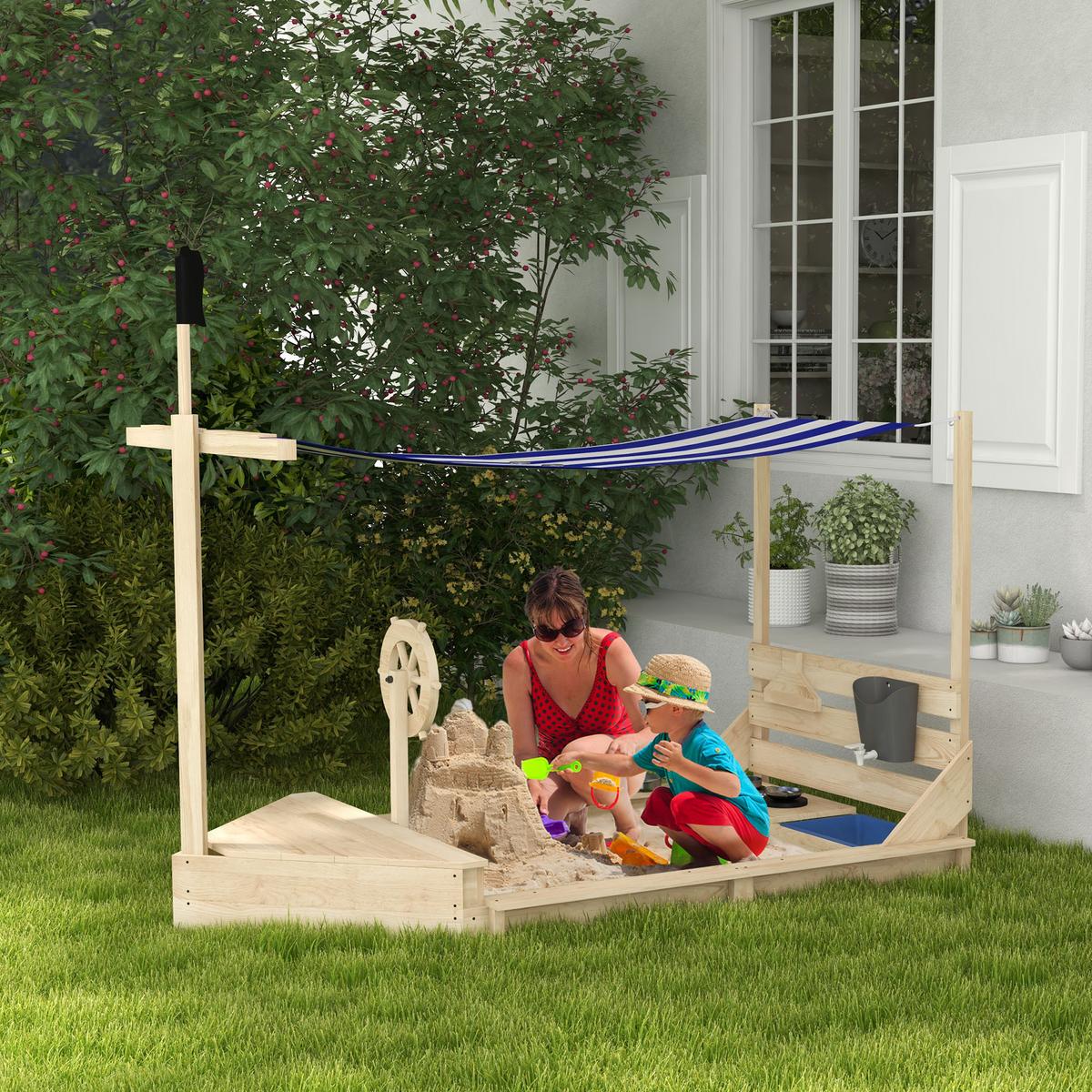 SANDKASTEN Sandkiste groß mit Abdeckung im Schiff Design Matschekiste aus Holz - Naturfarben, Holz (180/103/144.5cm) - Outsunny