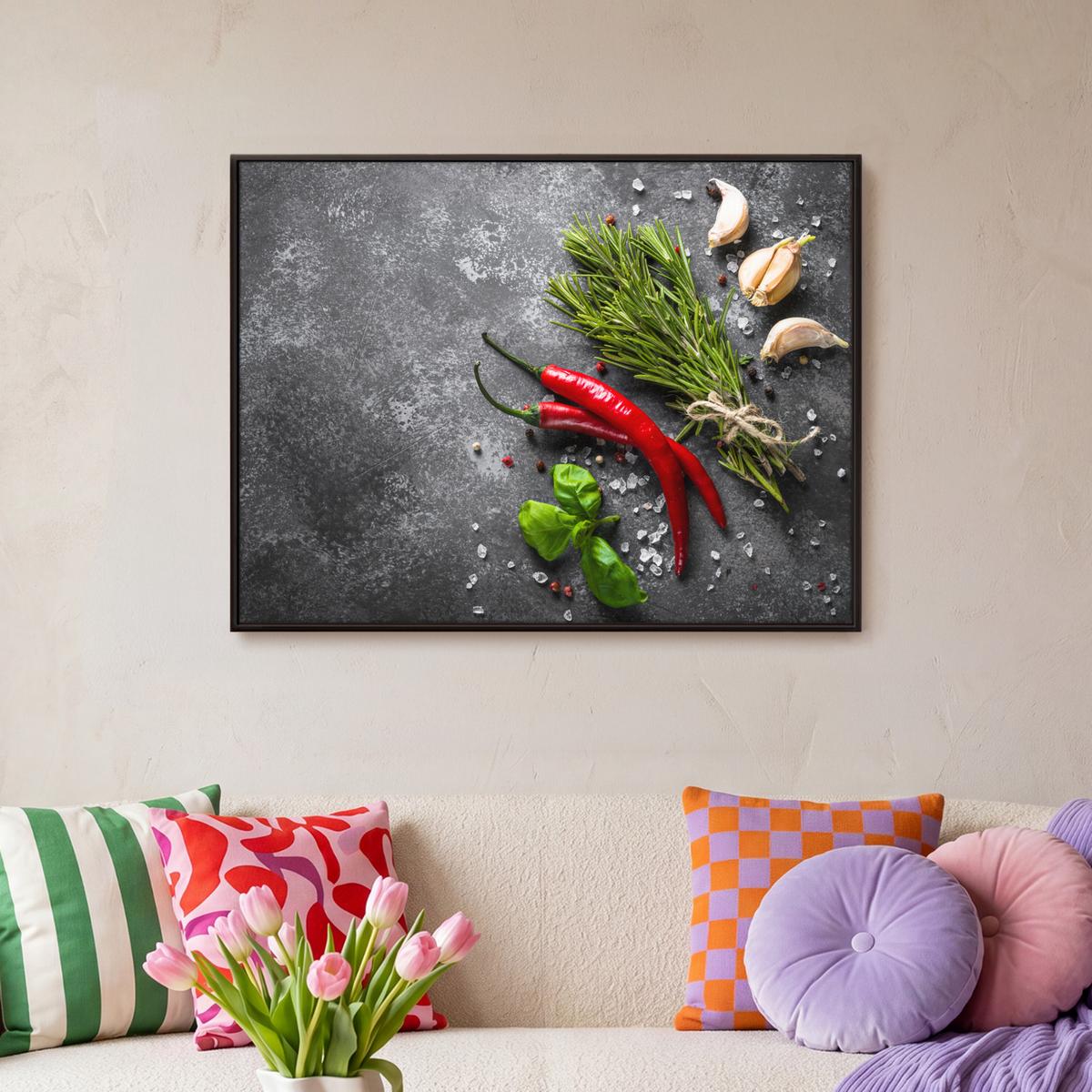 LEINWAND Bilder mit Rahmen - Pfeffer - Kräuter - Gewürze - Beton - 70x50 - Dunkelgrau, Textil (70/50cm) - MuchoWow