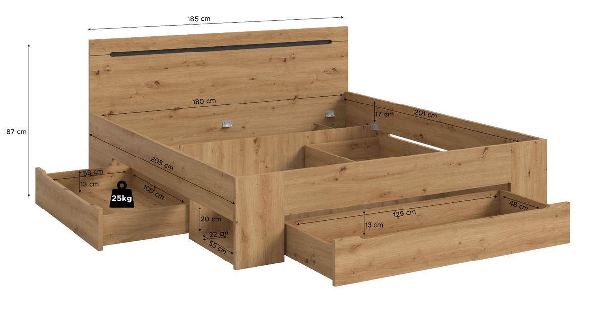 BETT Eiche, grau Liegefläche 180 x 200 cm, Doppelbett mit 3x Bettschubkasten - Eiche Artisan/Grau, Holzwerkstoff/Metall - Inn.Furn