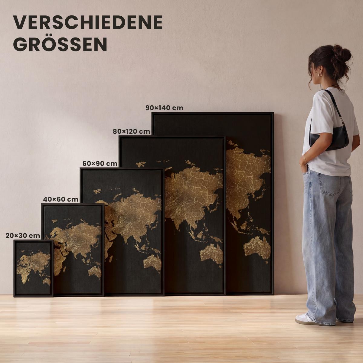 LEINWAND Bilder mit Rahmen - Weltkarte - Gold - Luxus - Erde - Schwarz - 40x60 - Goldfarben, Textil (40/60cm) - MuchoWow