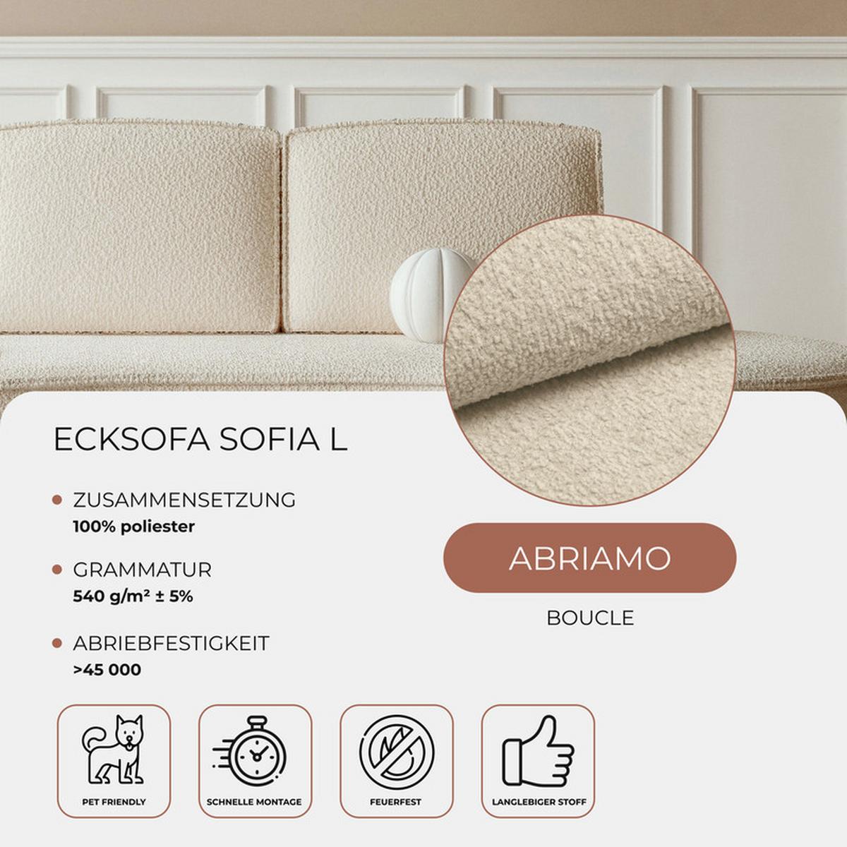 2-SITZER-SOFA SOFIA Bouclé-Stoff in Creme - Creme/Schwarz, Kunststoff/Textil (234/88/101cm) - Idohome