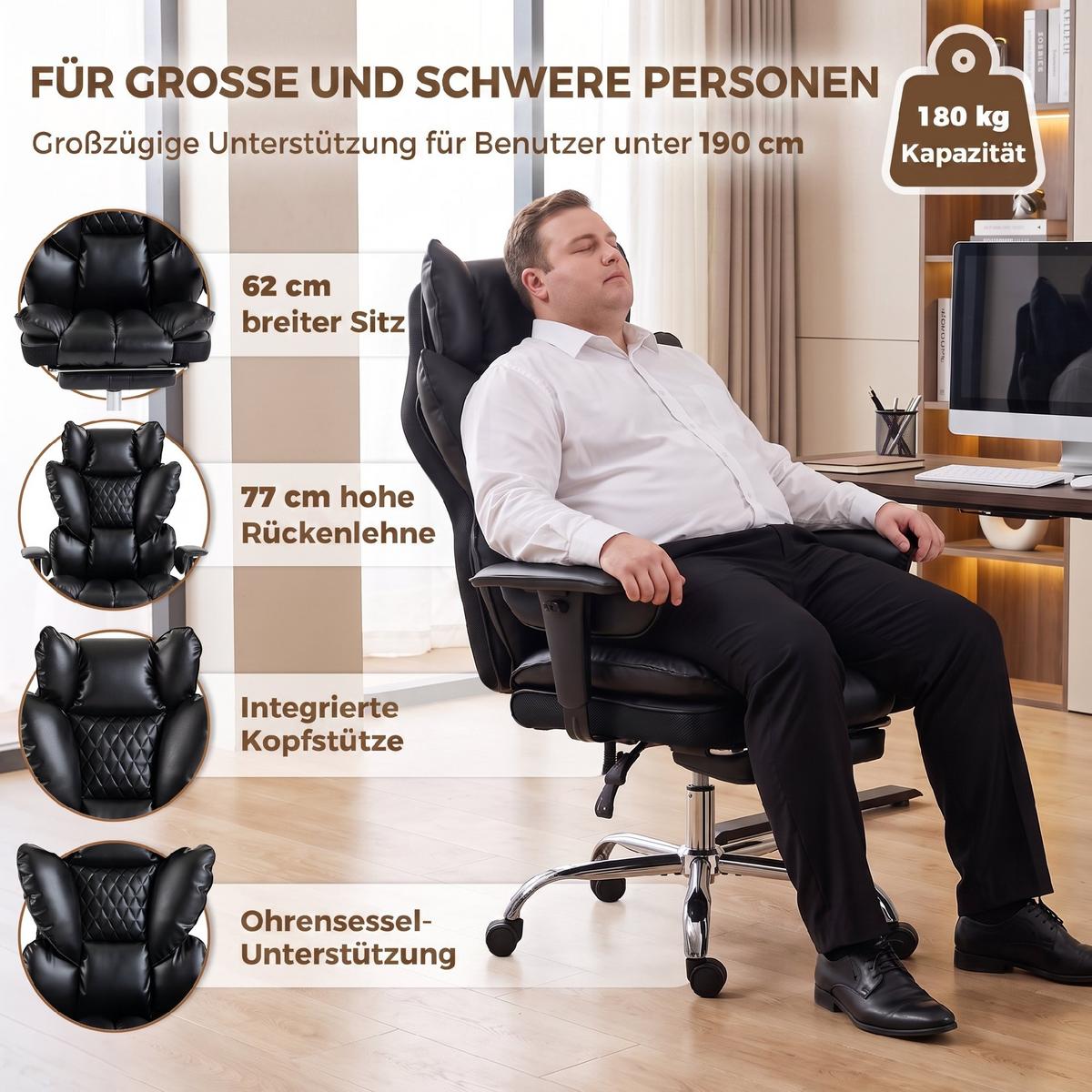 SCHWERLAST-BÜROSTUHL Kunstleder Schwarz - Silberfarben/Schwarz, Leder/Holzwerkstoff (67/130/80cm) - HOMCOM