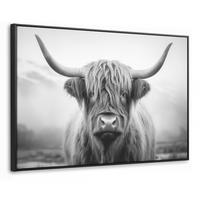 LEINWAND Bilder mit Rahmen - Schottischer Highlander - Nebel - Schwarz - Weiß - 150x100 - Grau, Textil (150/100cm) - MuchoWow