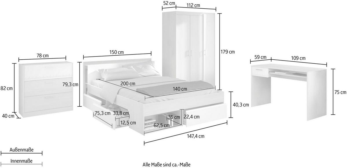 BETT mit Regal und 3 x Schubkasten Stauraumbett 160 x 200 cm - Weiß/Akaziefarben, Holz/Holzwerkstoff (160/200cm) - Parisot Meuble