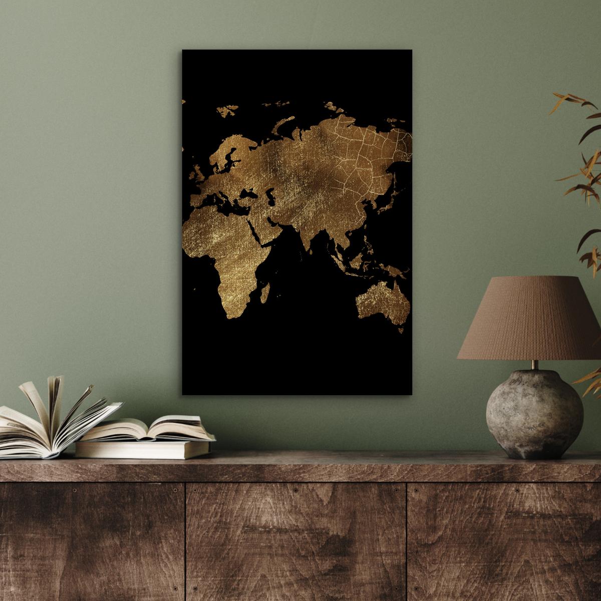 METALLBILD Weltkarte - Gold - Luxus - Erde - Schwarz Deko Schlafzimmer 40x60 cm - Goldfarben, Metall (40/60cm) - MuchoWow