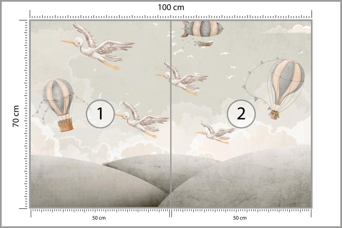 FOTOTAPETE für Kinderzimmer Boho Störche Aquarell Balon Luftschiff Himmel 100x70 - Beige/Weiß, Papier (100/70cm) - Muralo