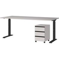 BÜROMÖBEL Set 2-teilig | Schreibtisch 180x80cm & Rollcontainer Greige/Schwarz | Einstellbar 68-91 cm & Soft-Close - Beige, Holzwerkstoff/Metall (80/235/91cm) - KADIMA DESIGN