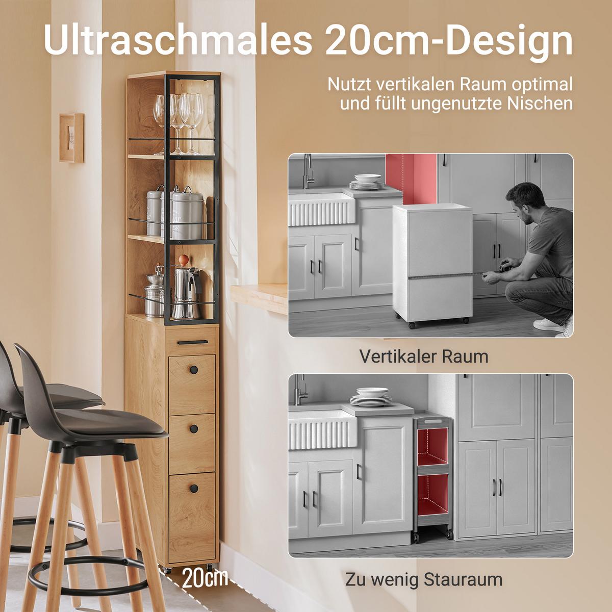 NISCHENSCHRANK 20 cm schmal mit 4 Rollen, 40×20×170 cm, kleine Küchen Natur - Schwarz/Naturfarben, Holz/Metall (20/170/40cm) - SoBuy