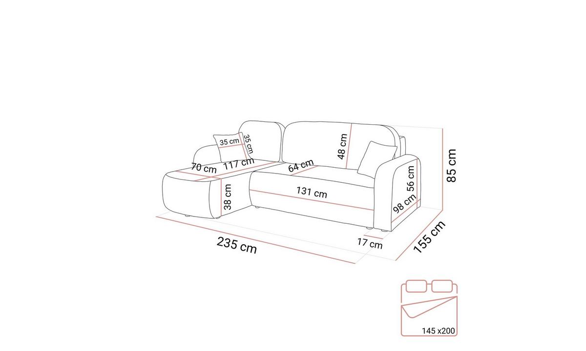 ECKSOFA PALOMA L 235/155/85 cm Coral 35 - Cognac, Textil (235/155cm) - Lookway
