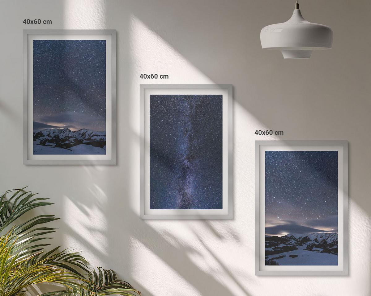 BILDER SET 3er Set - 40x60 cm Silberner Rahmen - Nachthimmel, Berge, Sterne - Silberfarben, Kunststoff (40/60cm) - TULUP