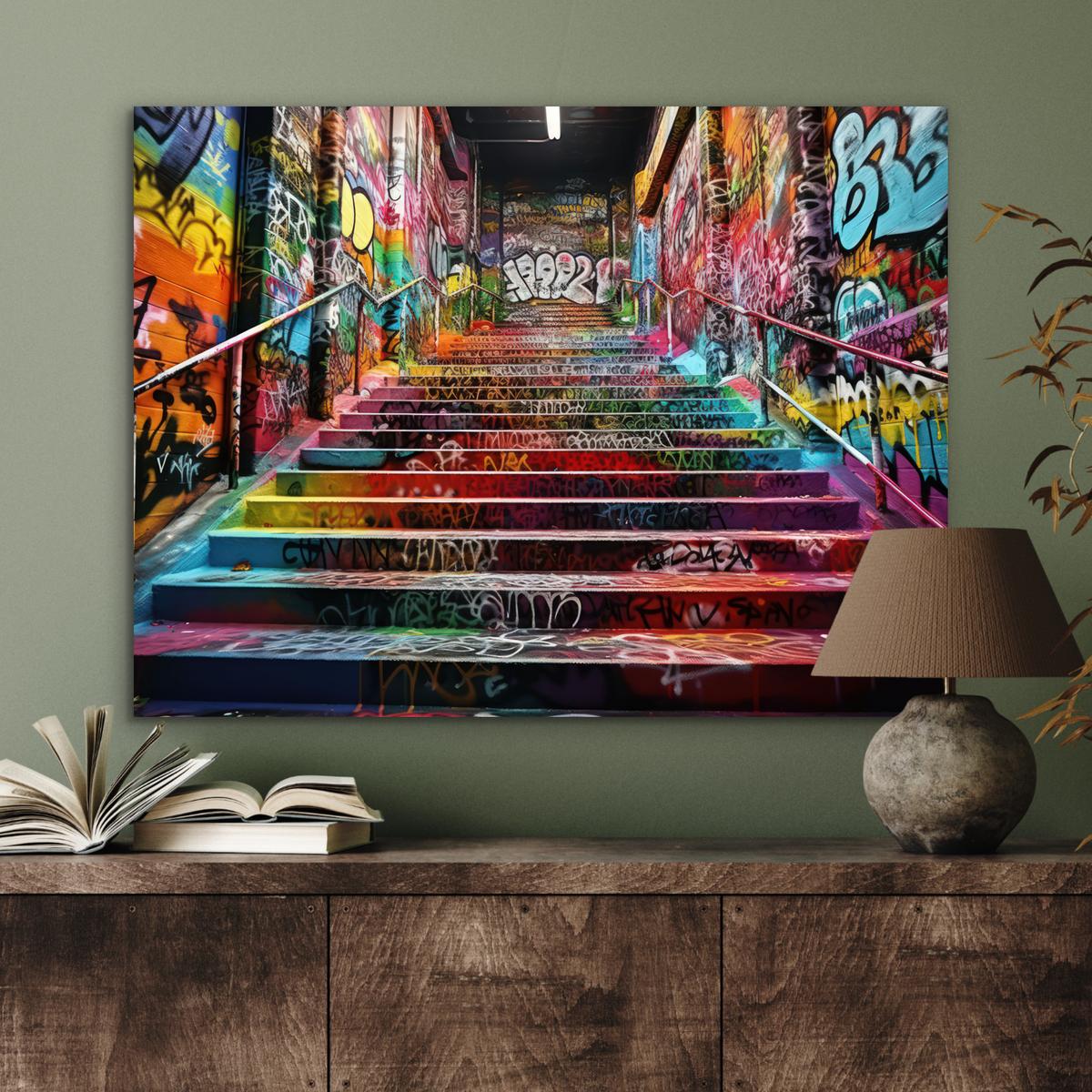 METALLBILD Treppe - Graffiti - Farben - Kunst 80x60 cm - Multicolor, Metall (80/60cm) - MuchoWow