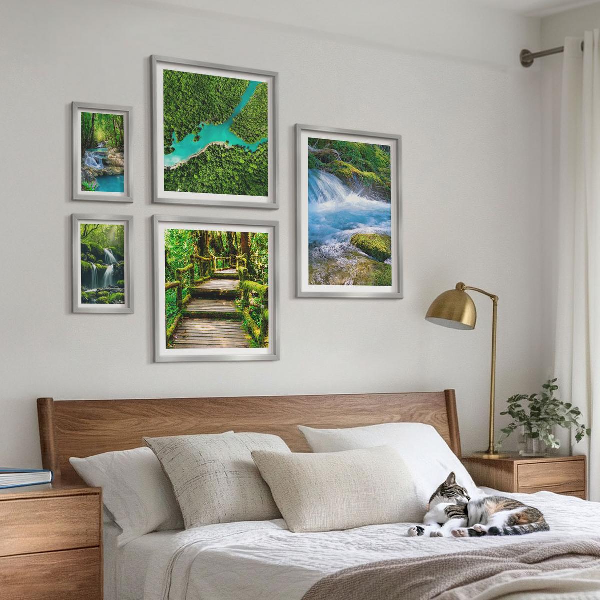 BILDER SET 5er Set - 50x50 cm & 20x30 cm & 40x60 cm Silberner Rahmen - Grüne Berge, Flussfelsen - Silberfarben, Kunststoff (40/60cm) - TULUP