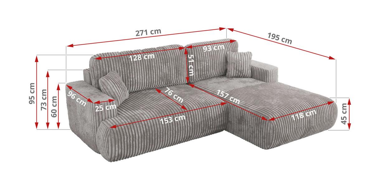 ECKSOFA OVO L Hellgrau Cord - Rechts Seite - Hellgrau/Schwarz, Kunststoff/Textil (195/271cm) - MKS