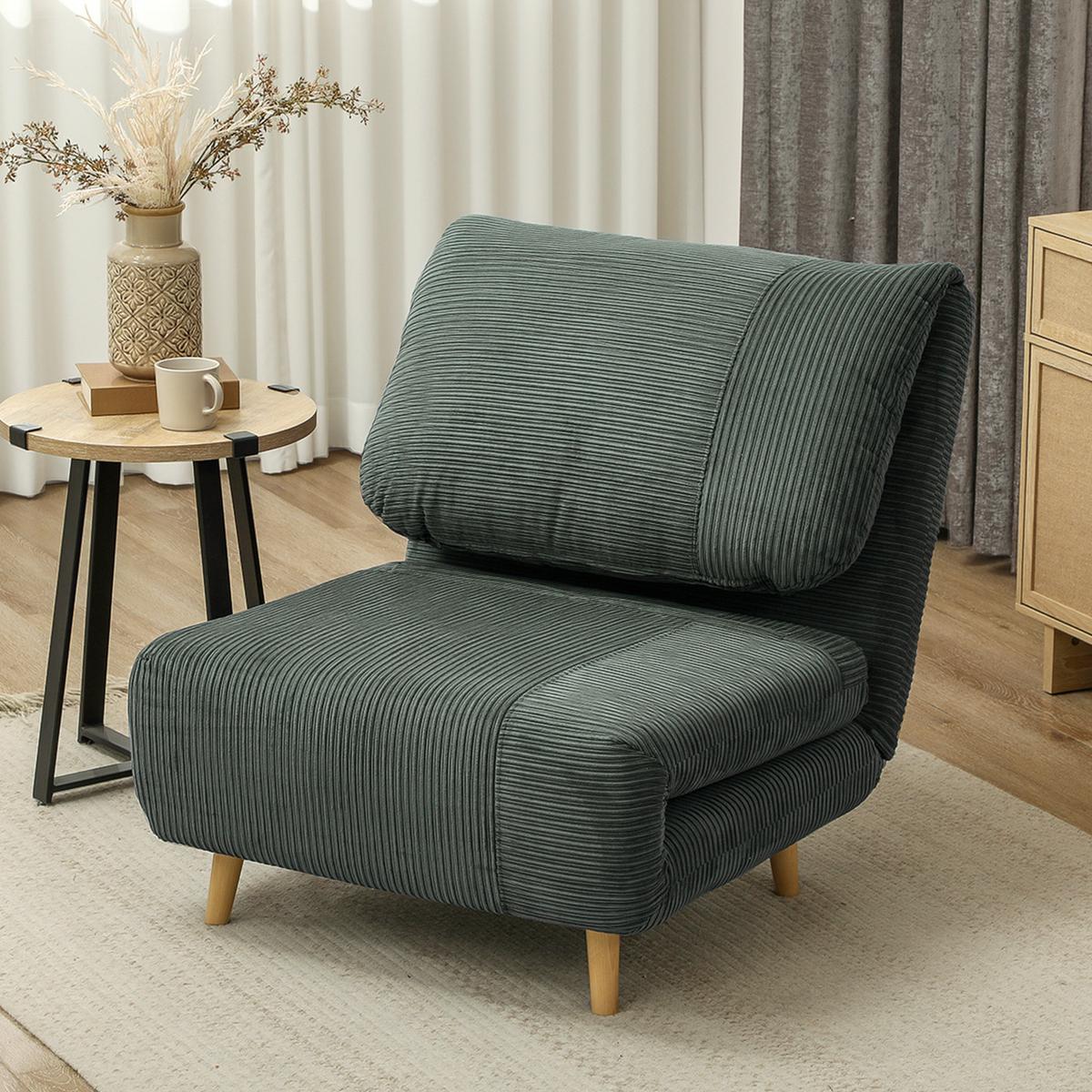2-IN-1 Schlafsofa Schlafsessel Klappmatratze Gästebett Klappbett Grün - Naturfarben/Grün, Holz/Textil (87/89/82cm) - HOMCOM