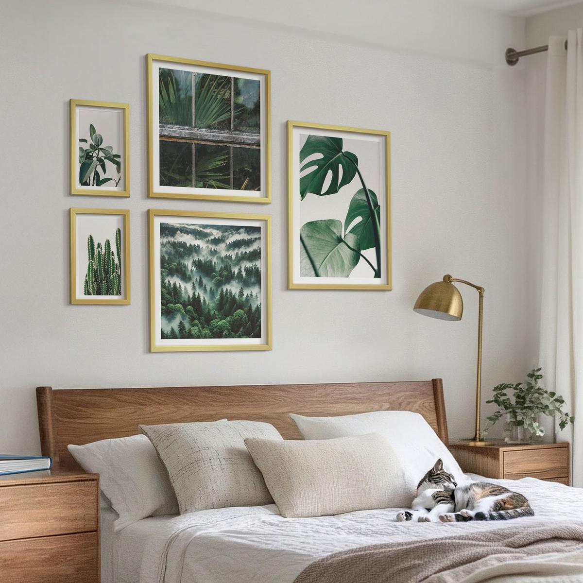 BILDER SET 5er Set - 50x50 cm & 20x30 cm & 40x60 cm Goldrahmen - Ästhetik tropischer Pflanzen - Goldfarben, Kunststoff (40/60cm) - TULUP