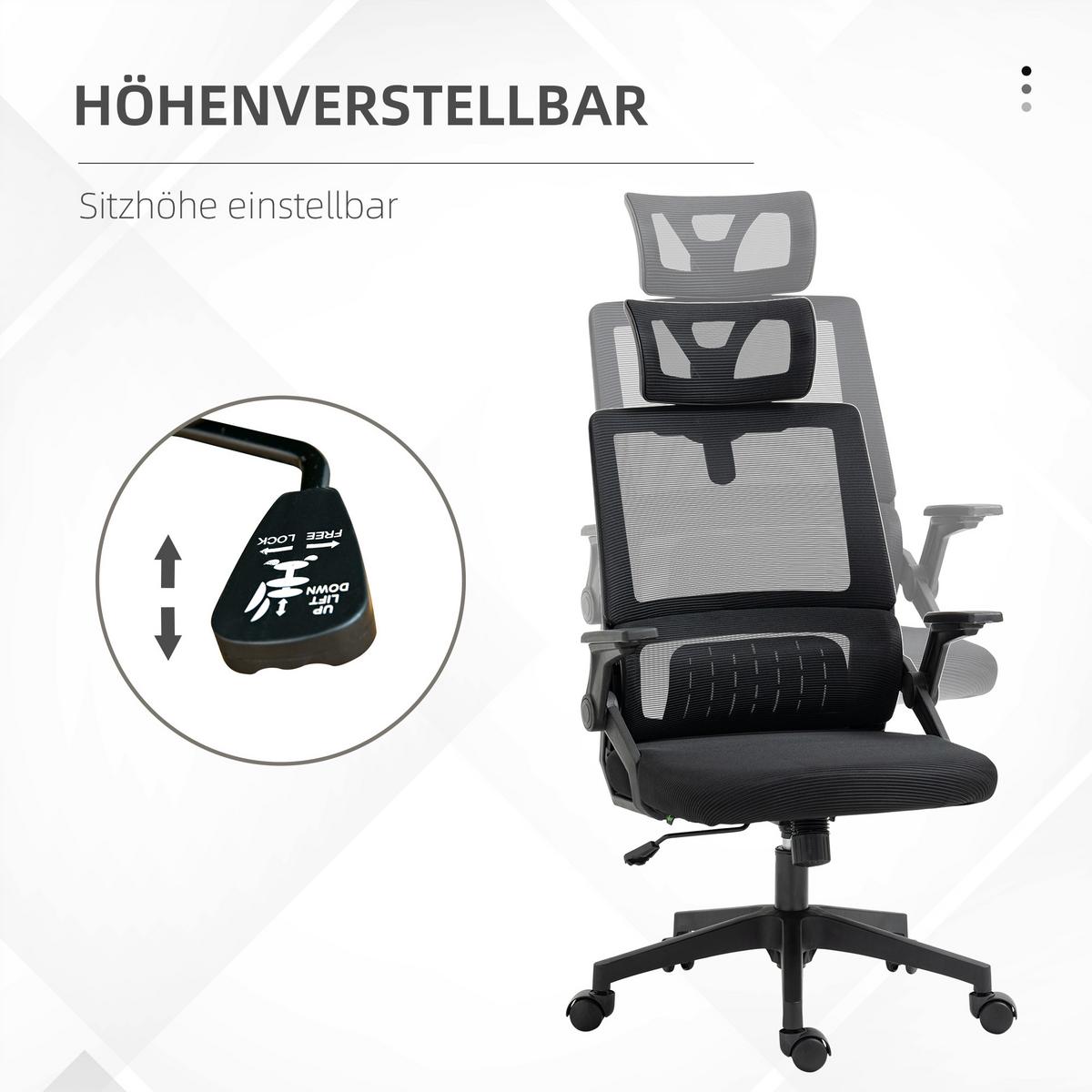 BÜROSTUHL Ergonomisch, Schreibtischstuhl mit Verstellbar Kopfstütze Mesh Schwarz - Schwarz, Textil (61/121.5/60cm) - Vinsetto