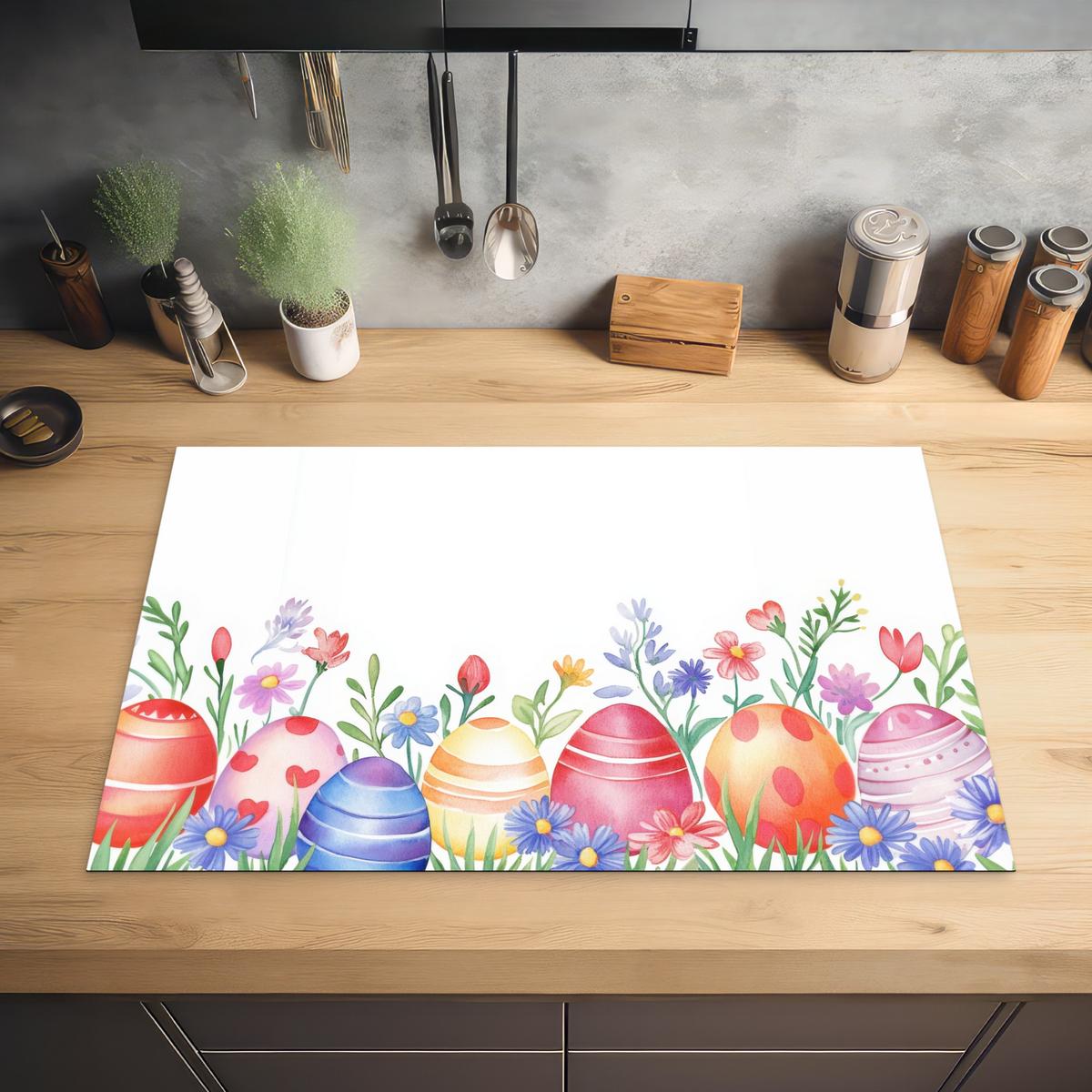 HERDABDECKPLATTE Blumengarten - Bunt - Eier Ceranfeldabdeckung 80x52 cm - Weiß, Kunststoff (80/52/0.2cm) - MuchoWow
