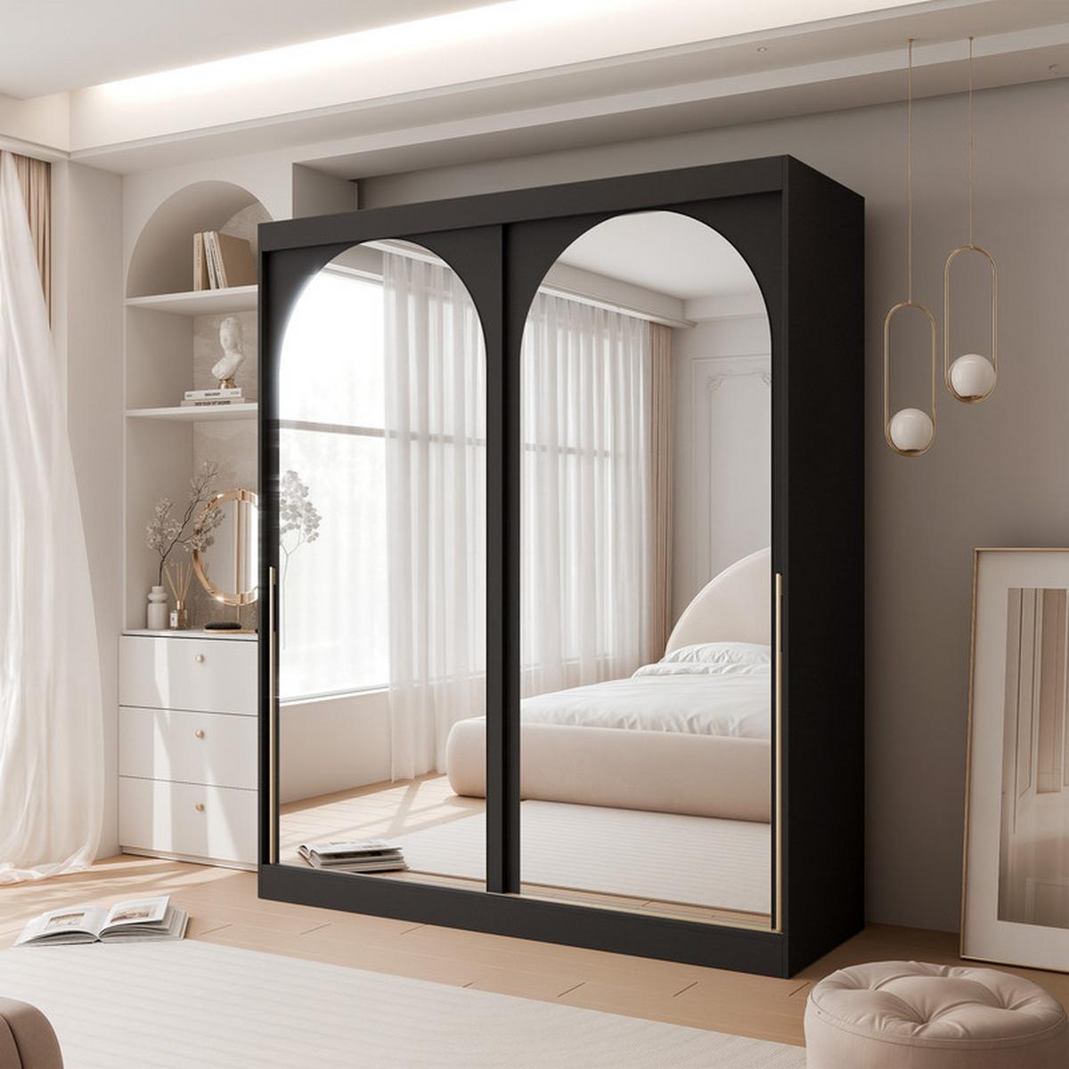 SCHWEBETÜRENSCHRANK CLARITY 2-türig 180/65/215 cm Schwarz / goldene Griffe - Goldfarben/Schwarz, Holzwerkstoff/Kunststoff (180/215/65cm) - Idohome