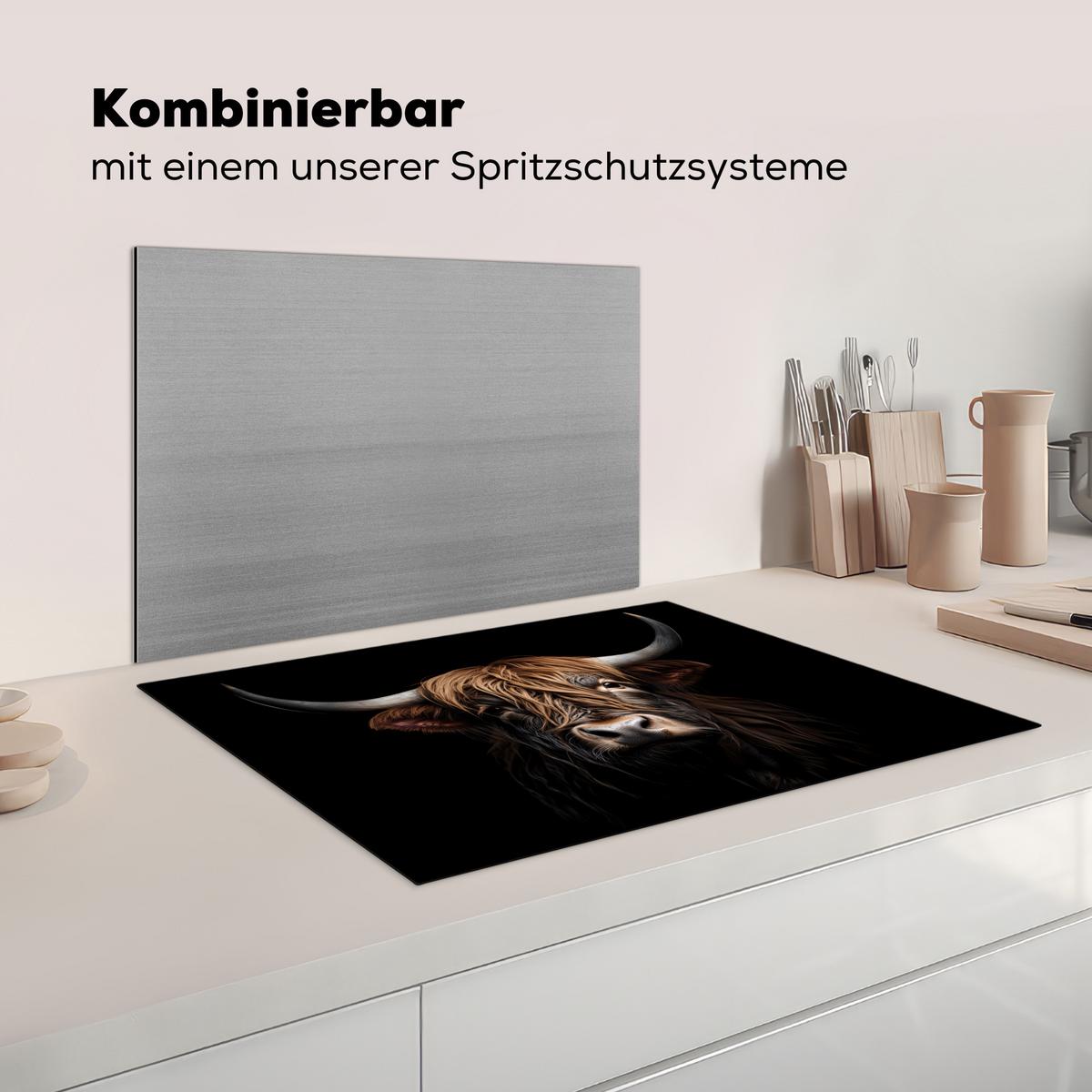HERDABDECKPLATTE Schottischer Highlander - Porträt - Schwarz - Tier Herdabdeckung Induktionsfeld 75x52 cm - Braun, Kunststoff (75/52/0.2cm) - MuchoWow