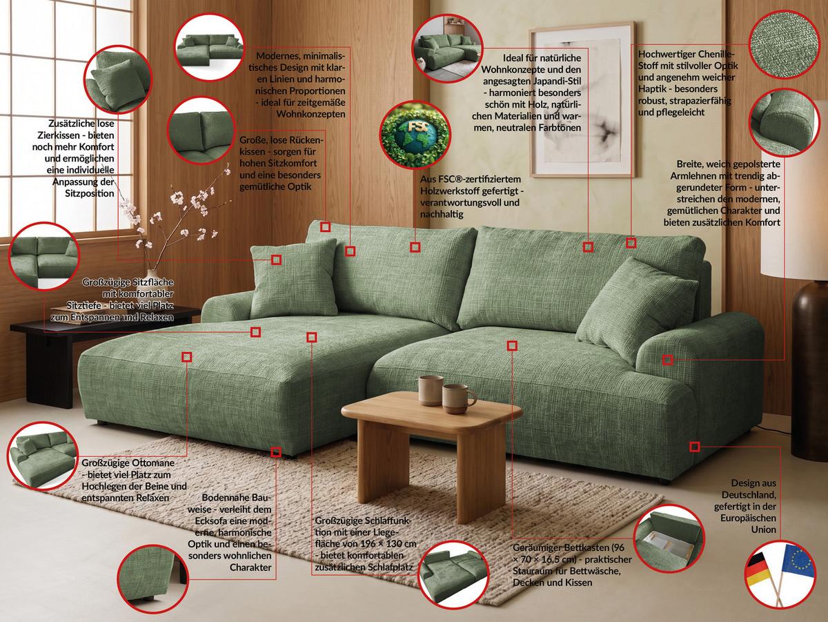 ECKSOFA Melvano mit Schlaffunktion und Bettkasten im Japandi-Stil aus weichem Grün Chenille-Stoff - Schwarz/Grün, Holz/Kunststoff (145/240cm) - S-Style
