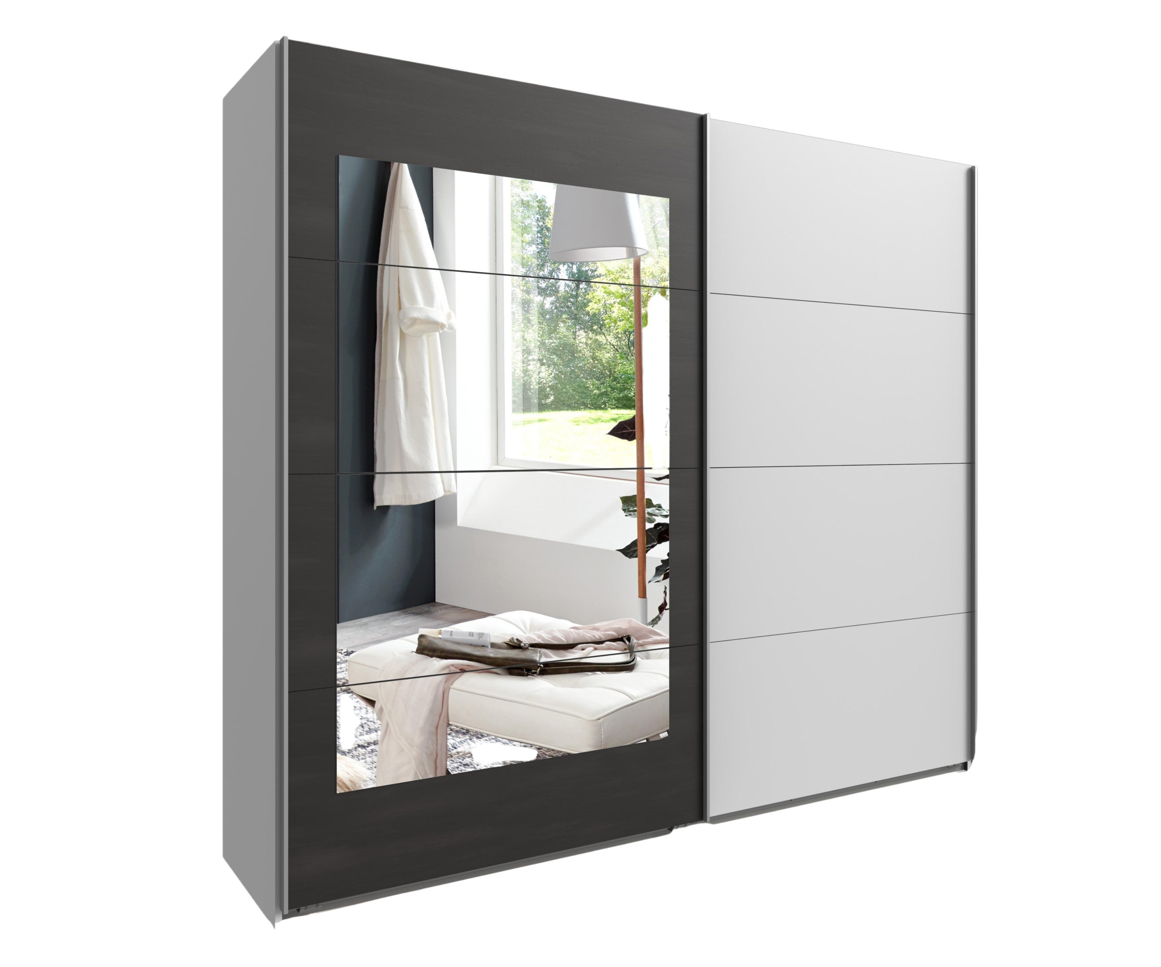 SCHWEBETÜRENSCHRANK 2-türig B225/H208/T65 cm, Kleiderschrank in Weiß mit Rahmenspiegel auf Tür in grauer Stahl-Optik / 22005 - Weiß/Grau, Holzwerkstoff/Metall (225/208/65cm) - luma-home