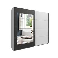 SCHWEBETÜRENSCHRANK 2-türig B225/H208/T65 cm, Kleiderschrank in Weiß mit Rahmenspiegel auf Tür in grauer Stahl-Optik / 22005 - Weiß/Grau, Holzwerkstoff/Metall (225/208/65cm) - luma-home