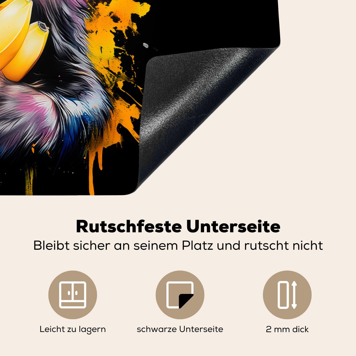 HERDABDECKPLATTE Affe - Graffiti - Farbenfroh - Bananen - Modern Ceranfeldabdeckung 76x51.5 cm - Gelb, Kunststoff (76/51.5/0.2cm) - MuchoWow