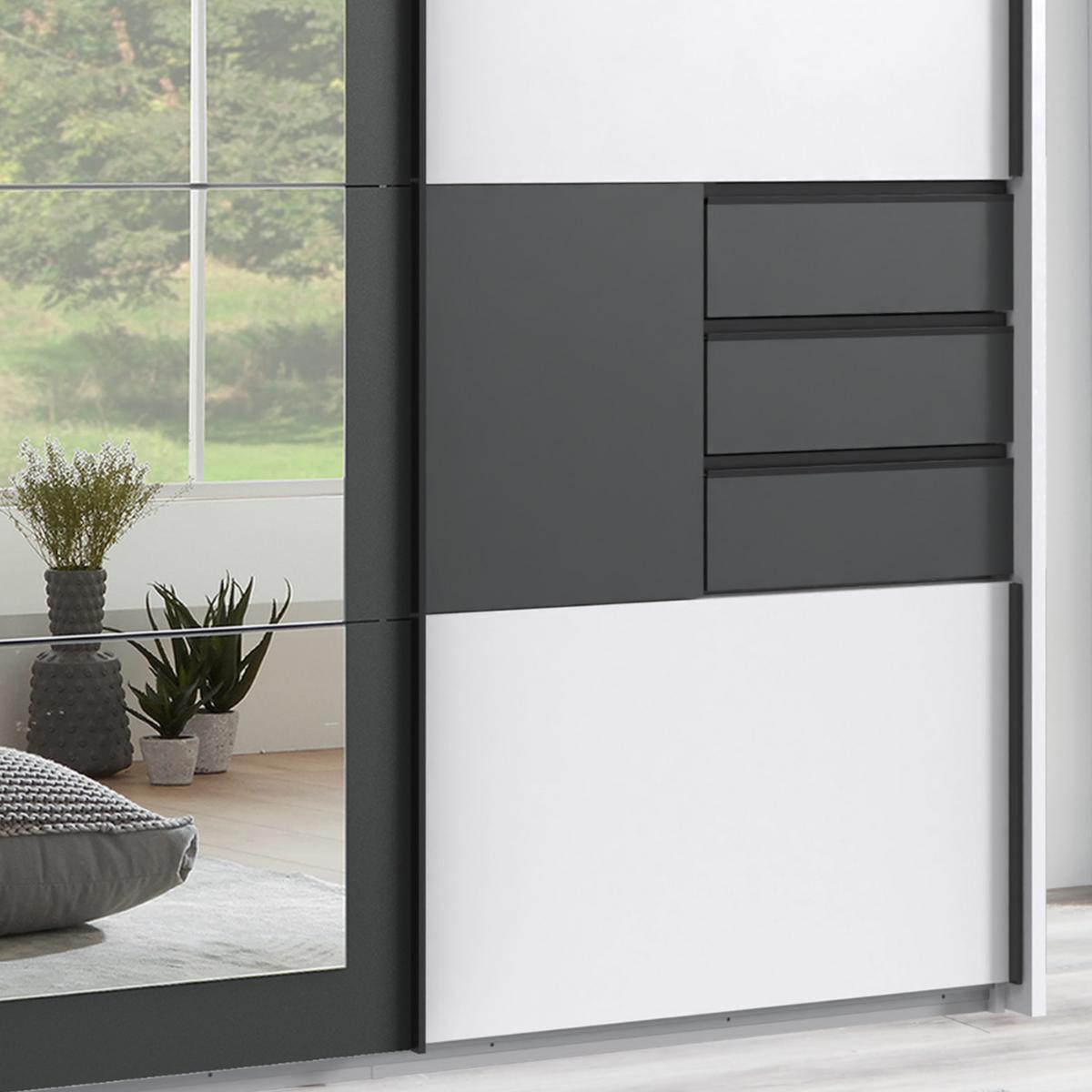 SCHWEBETÜRENSCHRANK 3-türig B273/H213/64 cm in Weiß mit Absetzungen in Grafit, Passepartout&Spiegel&Schubladen, Kleiderschrank inkl. Vollausst./ 22505 - Blau/Graphitfarben, Holzwerkstoff/Metall (273/213/64cm) - luma-home