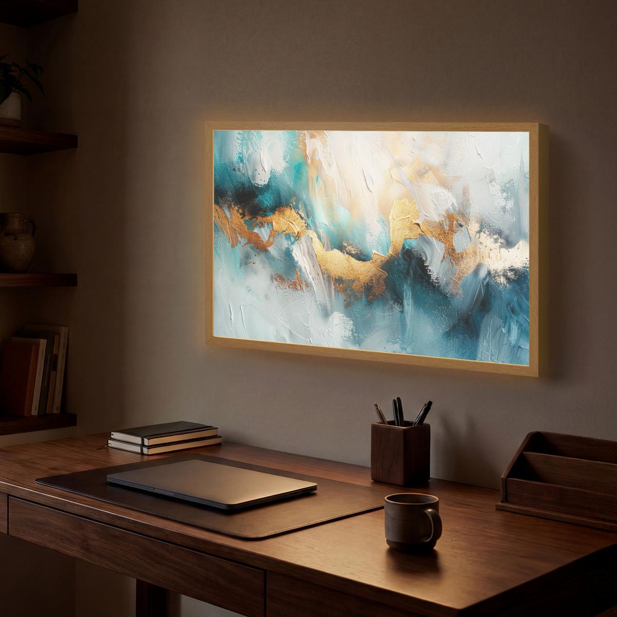 WANDLEUCHTE MIT AKKU Abstrakt - Kunst - Gold - Blau 60x40 cm - Türkis, Holzwerkstoff (60/40/8cm) - OnlyWow