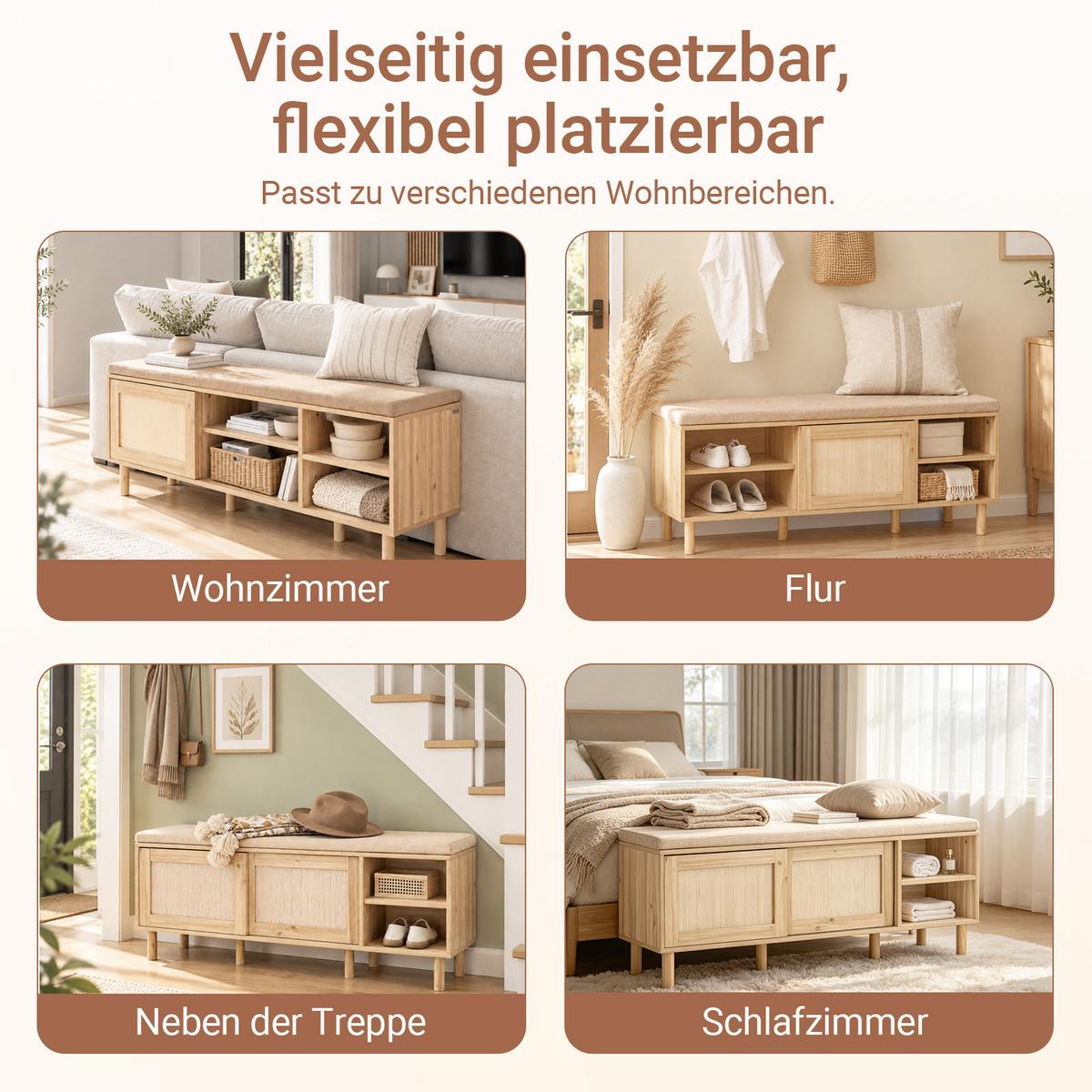 SITZBANK mit Stauraum, Natur, 121x49x35cm, 6 Fächer, Sitzkissen, für Flur, Diele und Schlafzimmer - Naturfarben, Naturmaterialien/Holzwerkstoff (121/49/35cm) - SoBuy