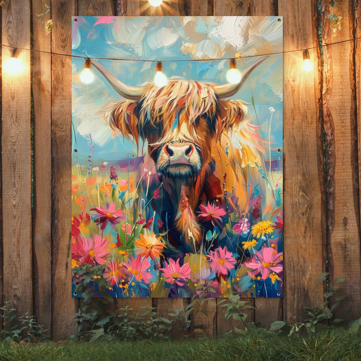 GARTENPOSTER Schottische Hochländer - Natur - Farbenfroh - Blumen Gartendekoration 120x160 cm - Hellblau, Kunststoff (120/160/0.2cm) - OnlyWow