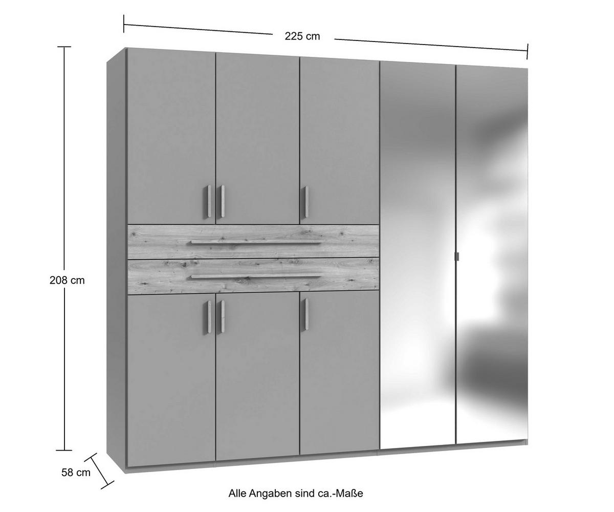 DREHTÜRENSCHRANK B225/H208/T58 cm in Grafit, Kleiderschrank mit 2 Spiegeltüren, 2 großen Schubkästen & Griffen in Eiche Artisan Dekor / 22637 - Graphitfarben/Eiche Artisan, Holzwerkstoff/Kunststoff (225/208/58cm) - luma-home