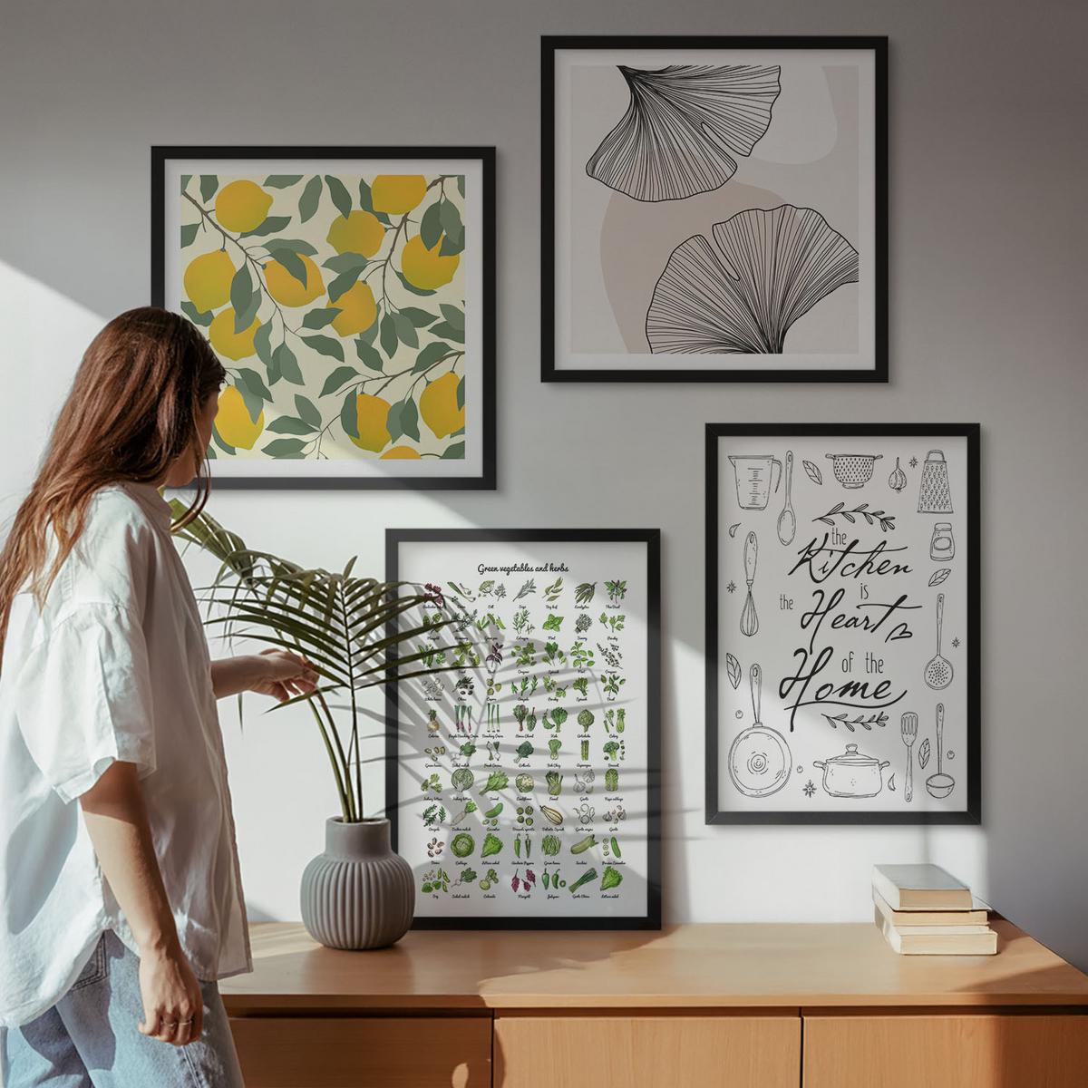 BILDER SET 4er Set - 50x50 cm & 40x60 cm Schwarzer Rahmen - Küchenkräuter-Zitronen-Malerei - Schwarz, Kunststoff (50/50cm) - TULUP