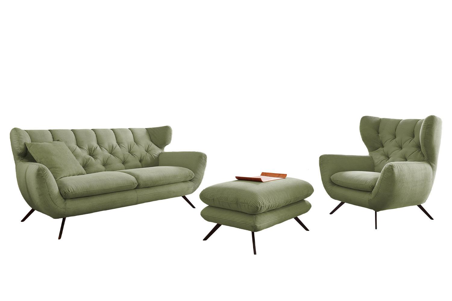 SITZGRUPPE CHARME Grün Cord - Schwarz/Olivgrün, Textil/Metall (200/94/95cm) - KAWOLA